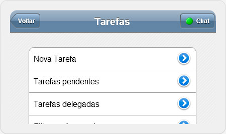 Menu tarefas do mySuite Mobile para iPhone, iPad e sistemas Android