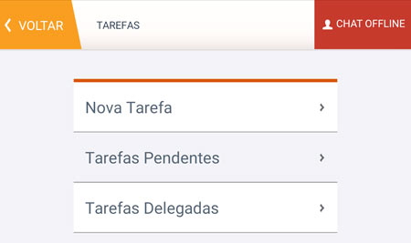 Menu tarefas do mySuite Mobile para iPhone, iPad e sistemas Android